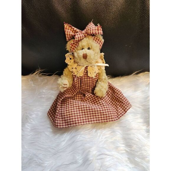 TY Inc. 8" Vintage 1993 Jointed Brown Plush Bear with Gingham dress and matching - Picture 7 of 8